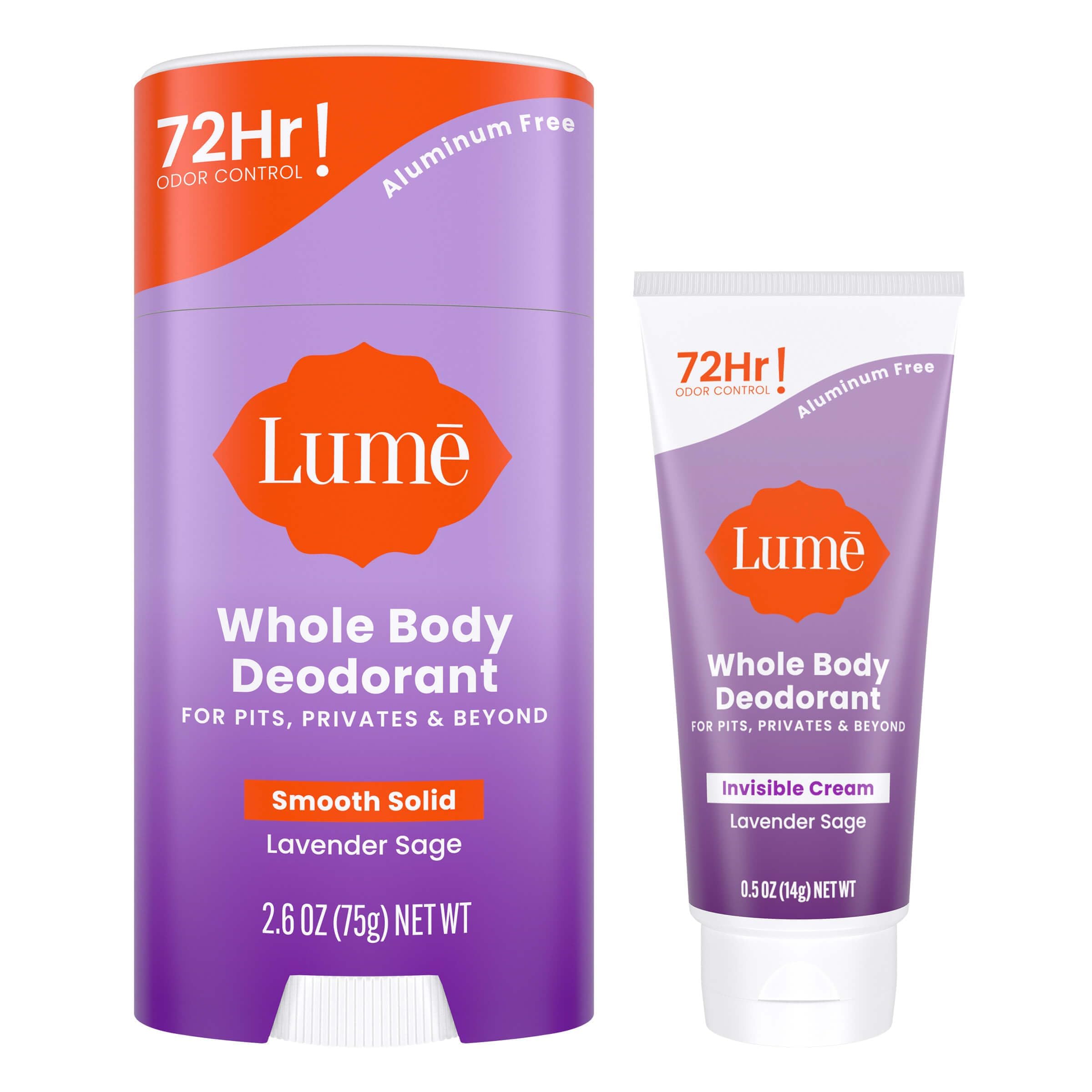 Lume Whole Body Deodorant Invisible Cream Mini & Solid Stick Bundle - 72 Hour Odor Control - Aluminum & Baking Soda Free