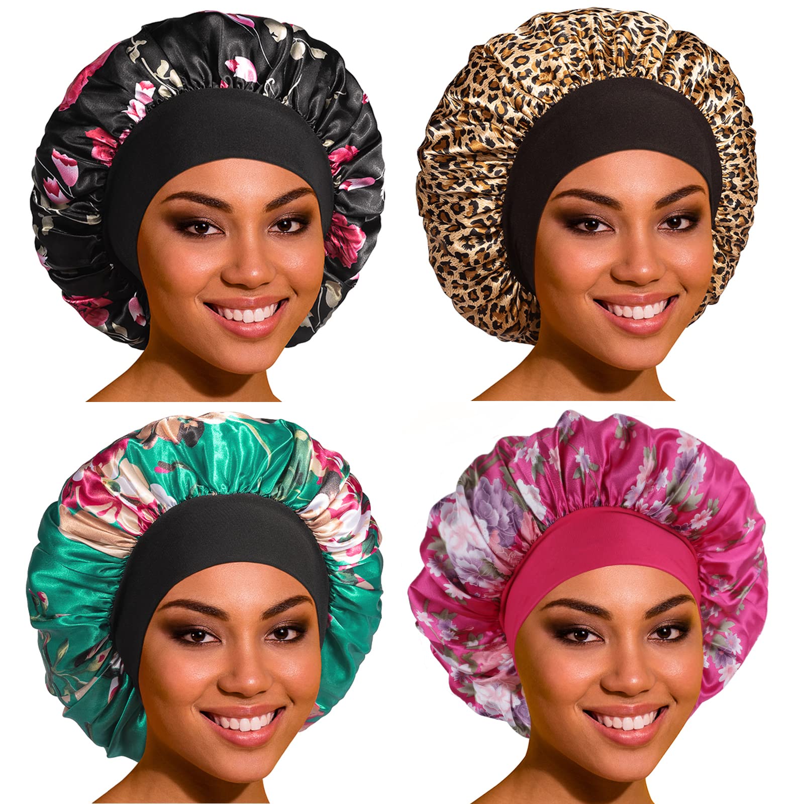 Silk Bonnets for Sleeping - 4 Pack Large Satin Bonnets for Women with Elastic Soft Band
|Satin Bonnets for Sleeping - La